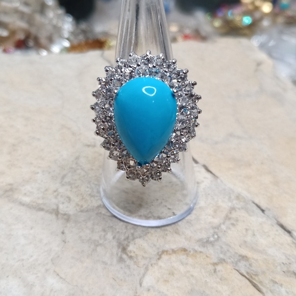 Turquoise and CZ Rhodium plated statement Ring